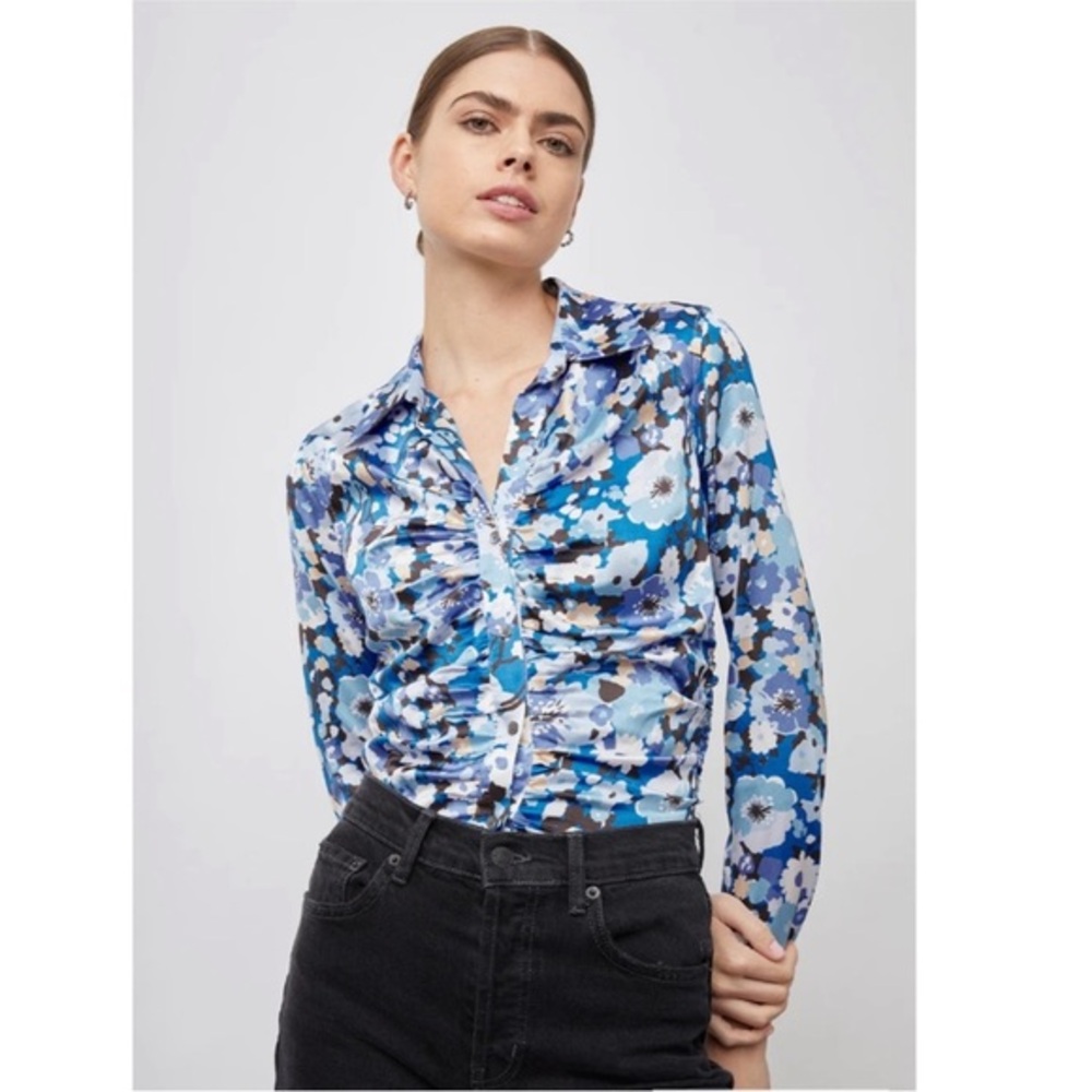 Rails blue floral Lisa ruched button up blouse top S